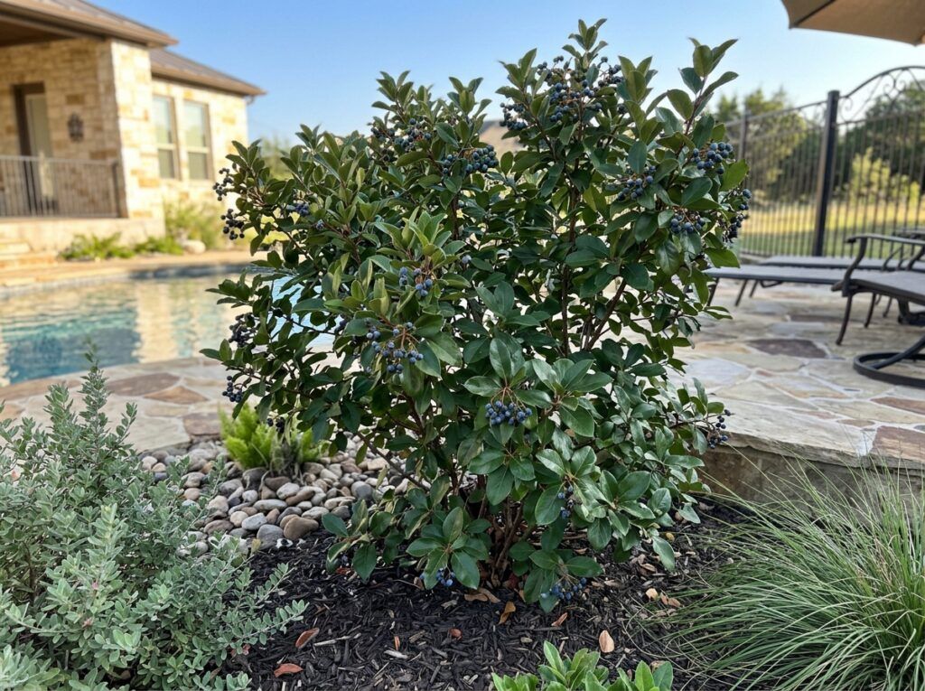 Rusty Blackhaw Viburnum shrub in nursery container with dense glossy green foliage.