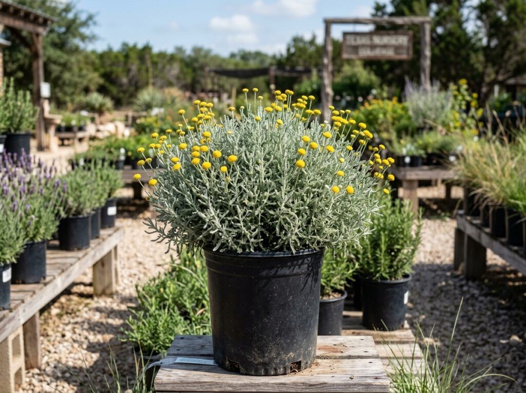 Santolina shrub in a black nursery pot, showing dense, rounded silvery-gray foliage.