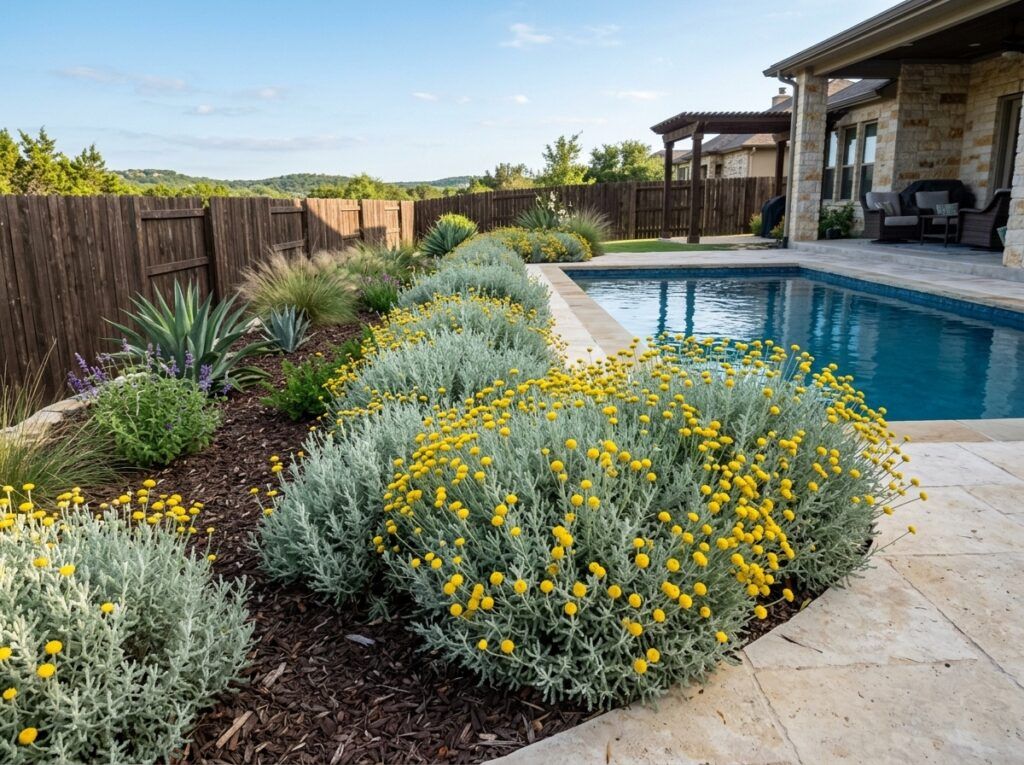 Santolina shrub in a nursery container, showing dense, silvery-green, finely cut foliage.