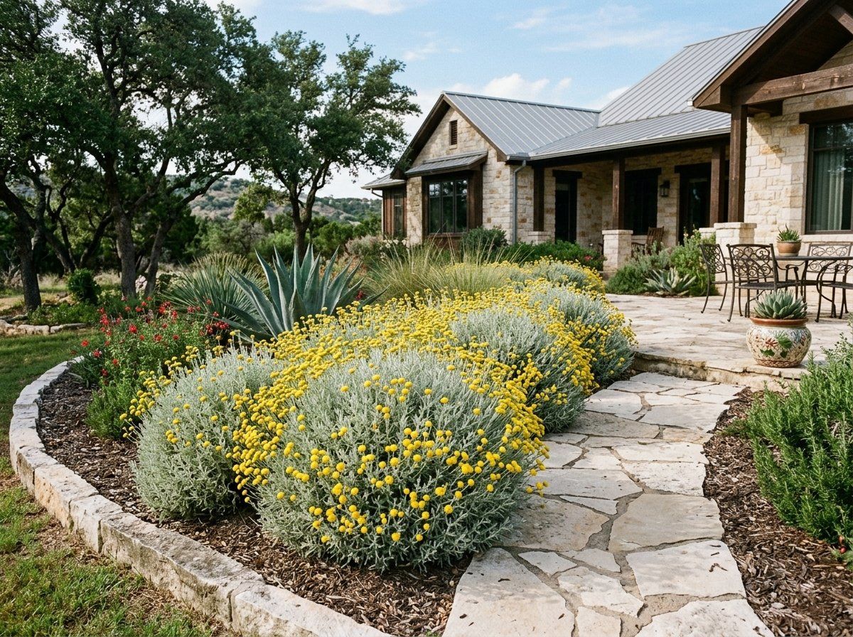 Santolina shrub with silvery-gray foliage and clusters of small yellow button flowers growing in a garden bed.