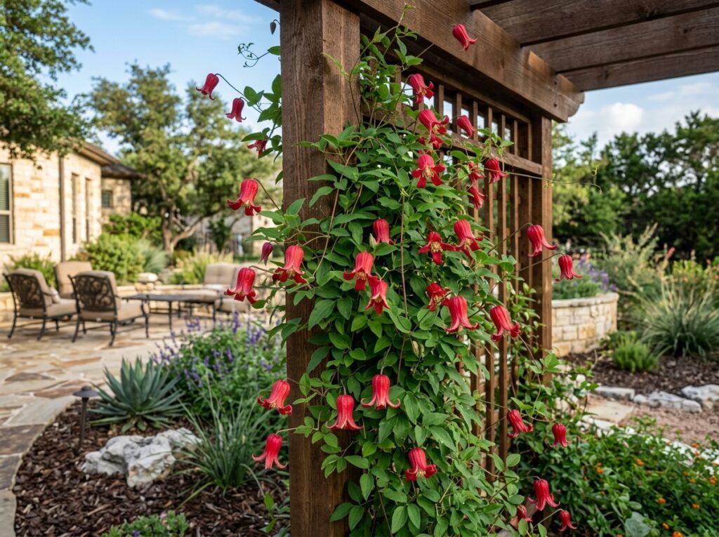 Scarlet Clematis vine with bright red tubular blooms and green foliage climbing support.