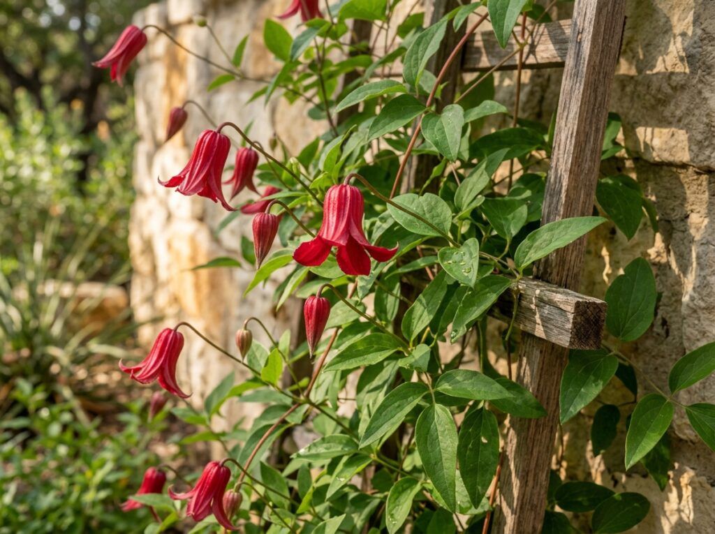 Scarlet Clematis vine in a nursery pot, climbing on trellis with bright red blooms and green foliage.