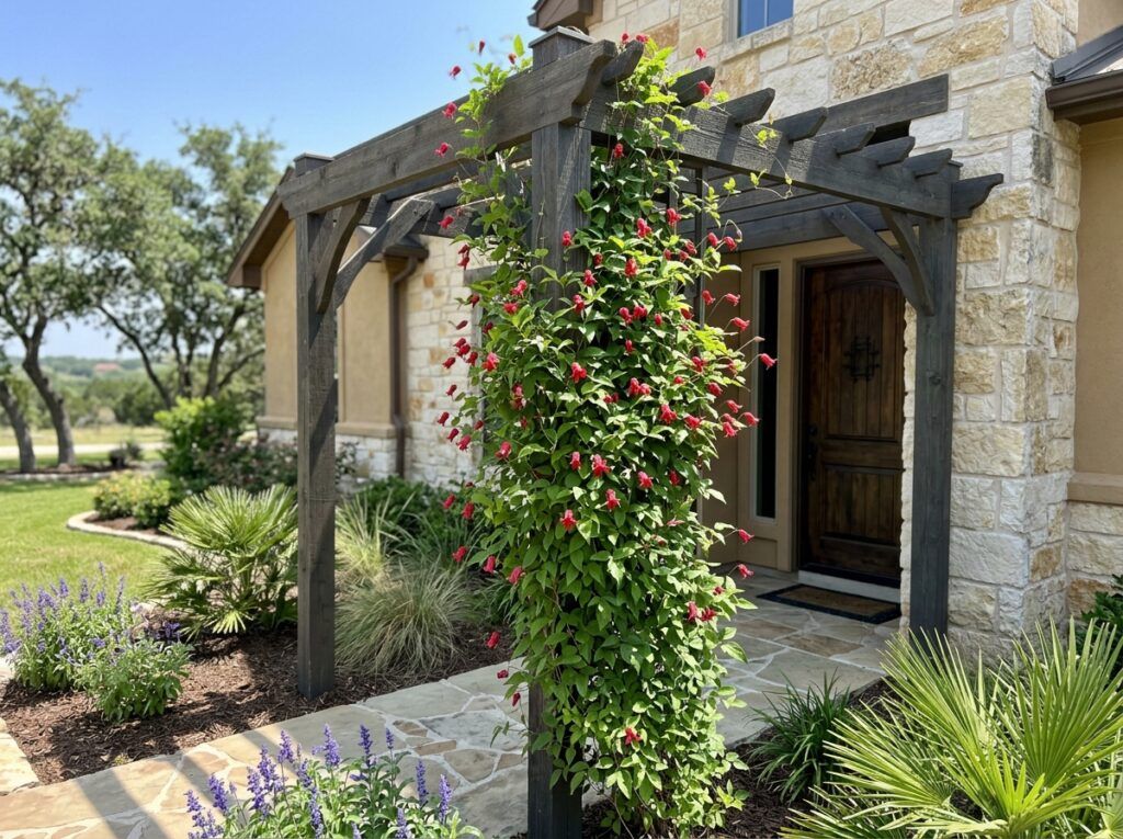 Scarlet Clematis vine with vivid red blooms and green leaves in a nursery container.