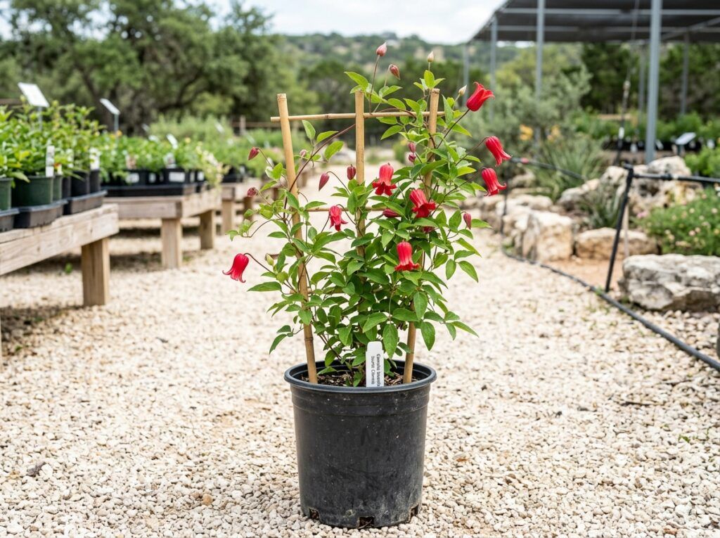 Scarlet Clematis vine with vivid red flowers and glossy green foliage climbing on a support.