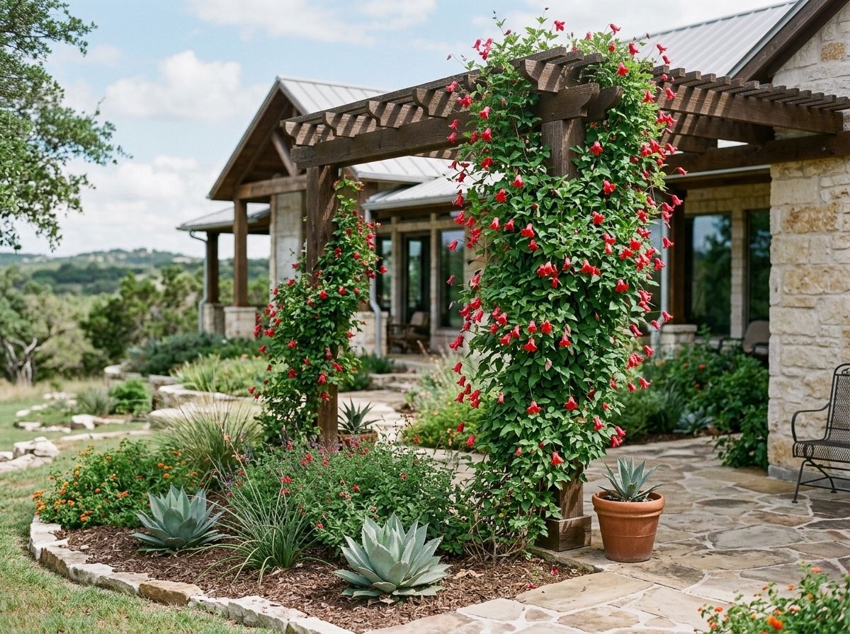 Scarlet Clematis vine with vivid red blooms climbing a support, green foliage filling the frame.