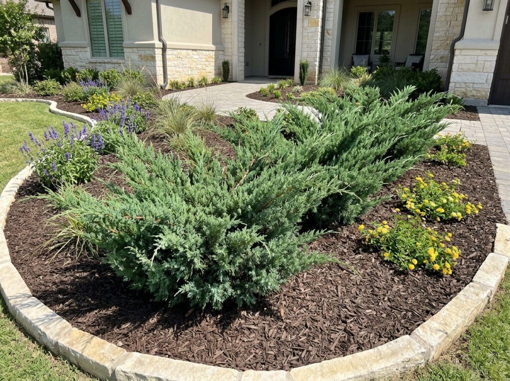 Sea Green Juniper shrub in black nursery pot with dense blue-green foliage.