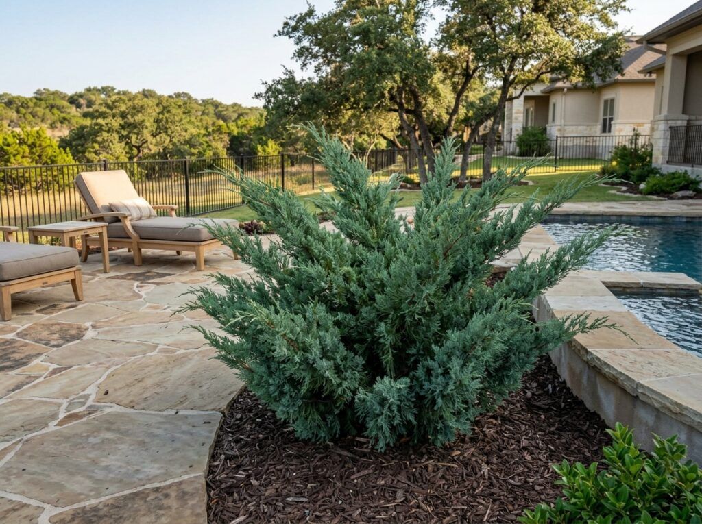 Sea Green Juniper shrub in a black nursery pot with dense blue-green evergreen foliage.