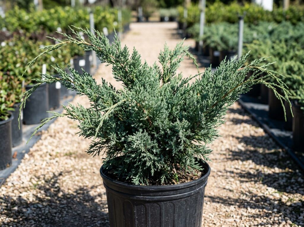 Sea Green Juniper shrub with dense blue-green evergreen foliage in a nursery pot.