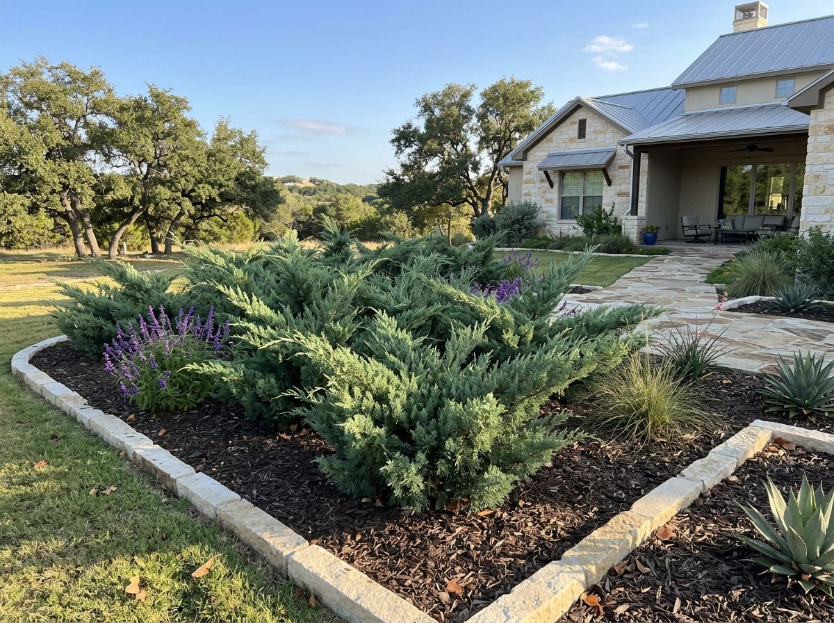 Sea Green Juniper shrub with dense blue-green foliage forming a low, spreading mound in a landscape bed.