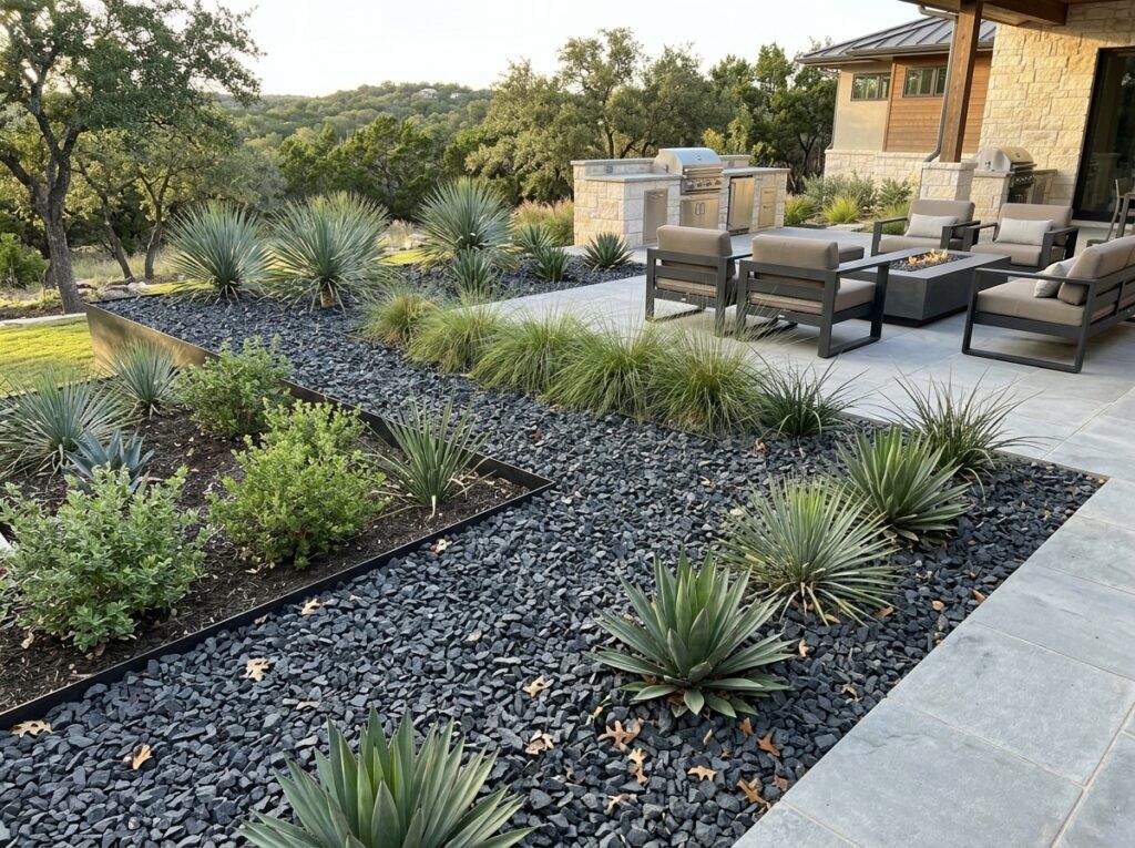 Shadow Stone ground cover of dark gray gravel spread evenly along a landscaped bed edging.