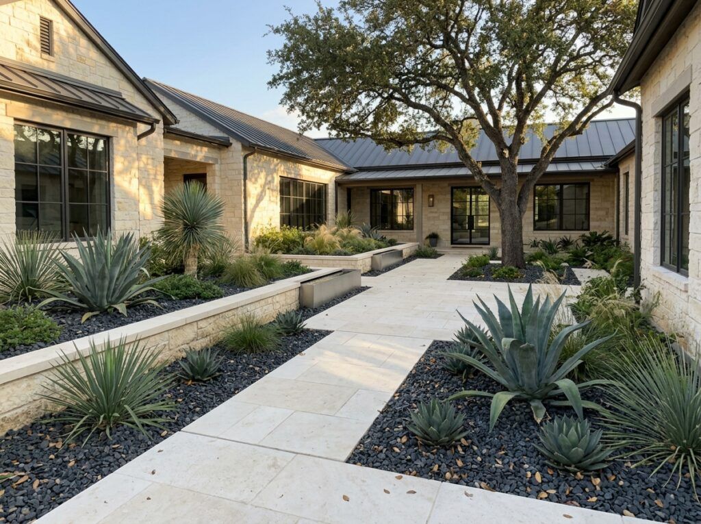 Shadow Stone ground cover with dark gray stones spread evenly around landscape plants.