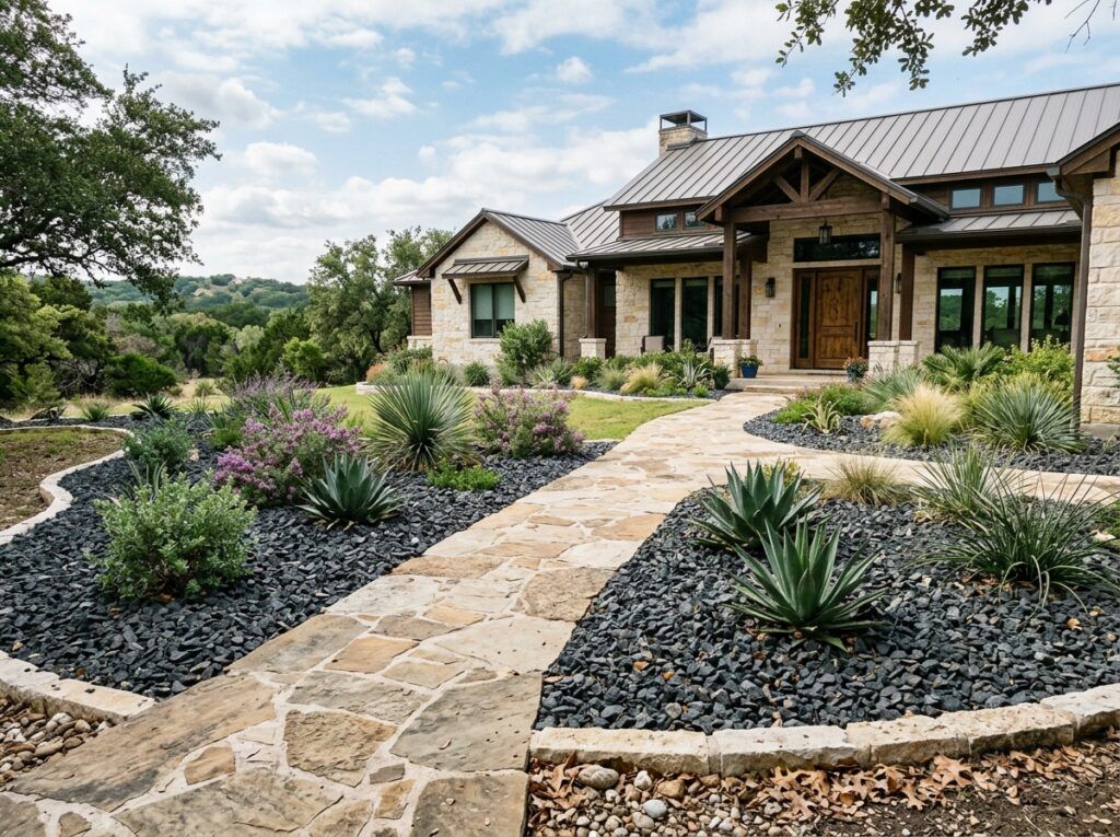 Shadow Stone ground cover of dark gray stones spread around shrubs along a walkway.