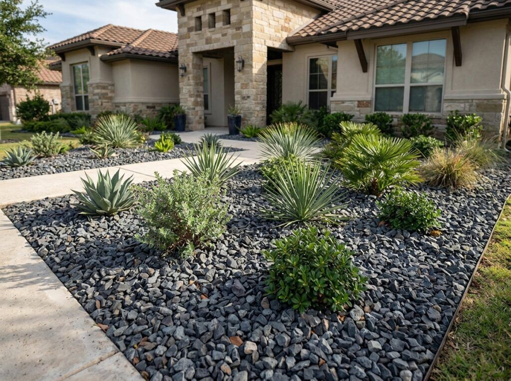 Shadow Stone ground cover of dark gray decorative rock spread around landscape plants.
