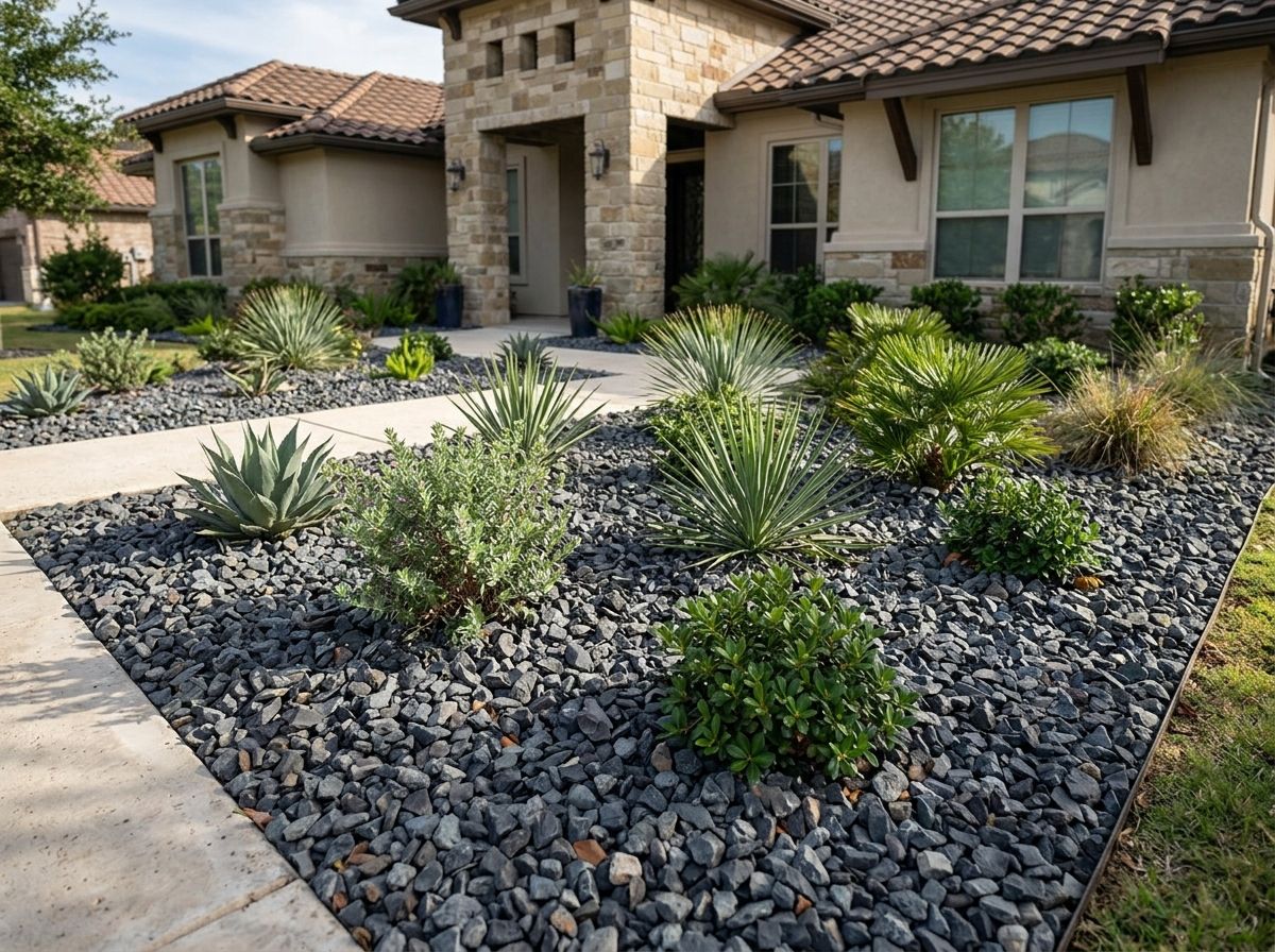 Shadow Stone ground cover of dark gray decorative rock spread around landscape plants.