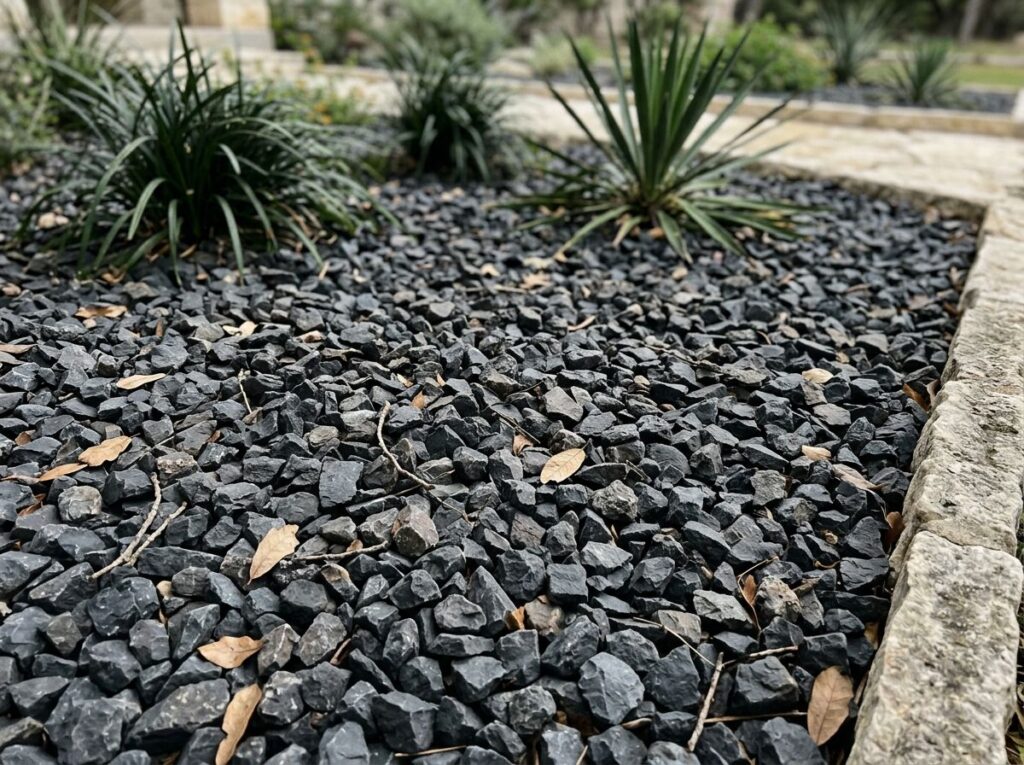 Shadow Stone ground cover of dark gray stones spread in a landscaped bed beside plants.