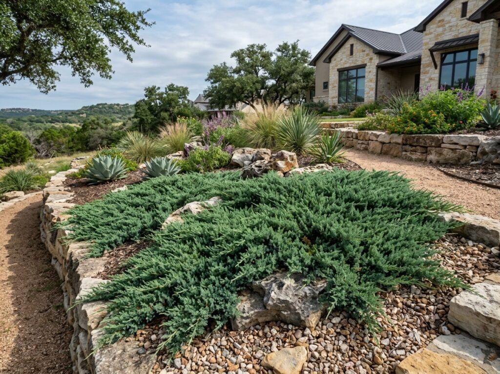 Shore Juniper shrub in a black nursery pot, dense green evergreen foliage forming a low mound.