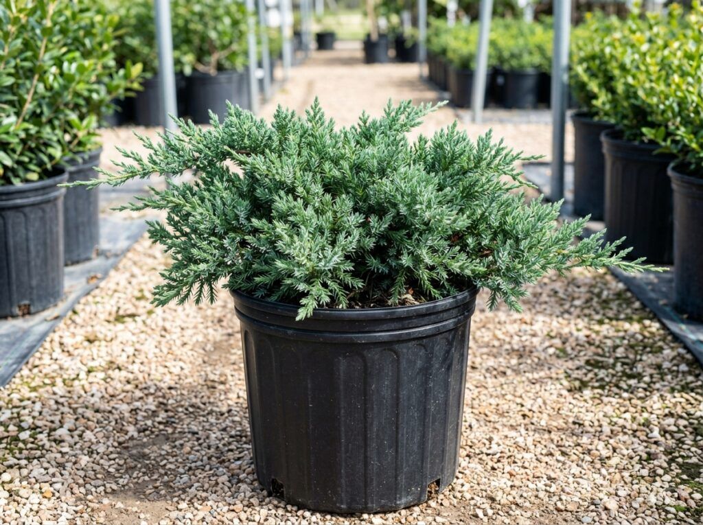 Shore Juniper shrub with dense green needle foliage in a nursery pot.