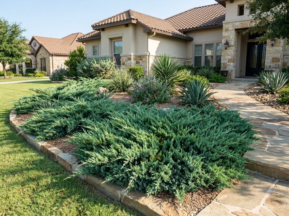Shore Juniper shrub with dense, spreading blue-green evergreen foliage growing in the landscape.