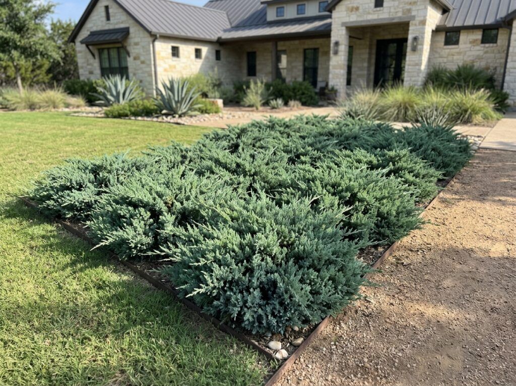 Shore Juniper shrub in black nursery pot with dense green foliage.