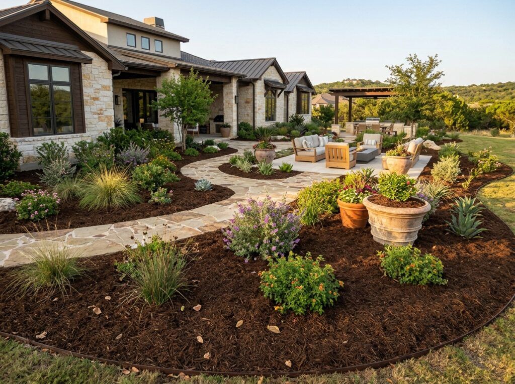 Shredded Pine Mulch ground cover spread in a thick brown layer around shrubs in a garden bed.