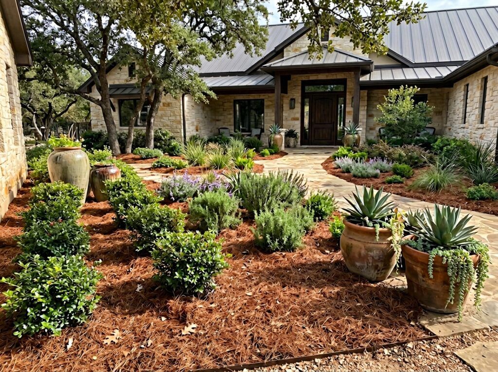 Shredded Pine Mulch ground cover spread in a fresh brown layer around shrubs in a landscaped bed.