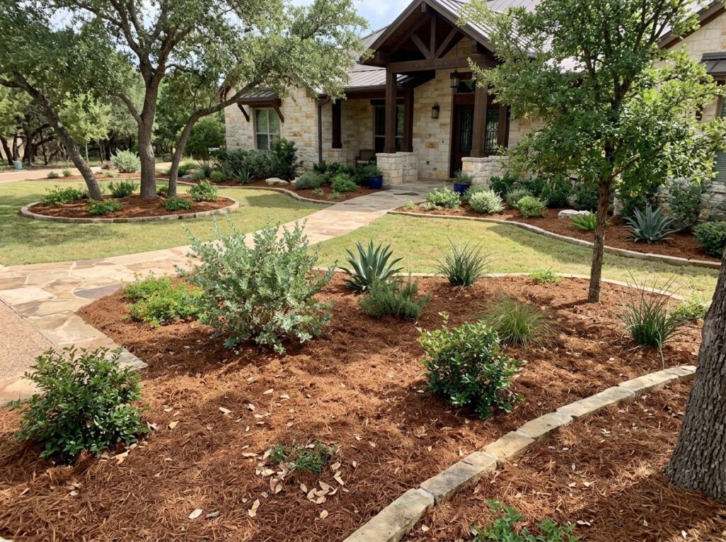 Shredded Pine Mulch ground cover spread in a landscaped bed, reddish-brown shredded texture around plants.