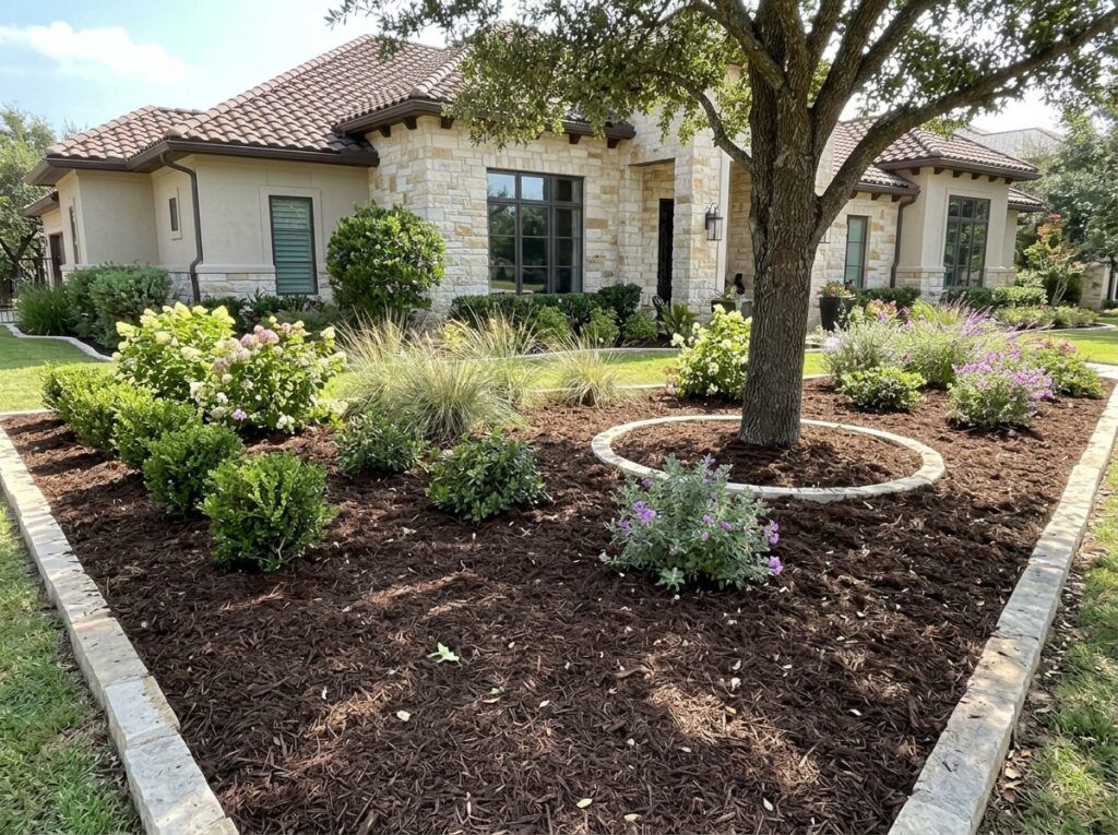 Shredded Pine Mulch ground cover spread in a thick brown layer around plants in a landscaped bed.