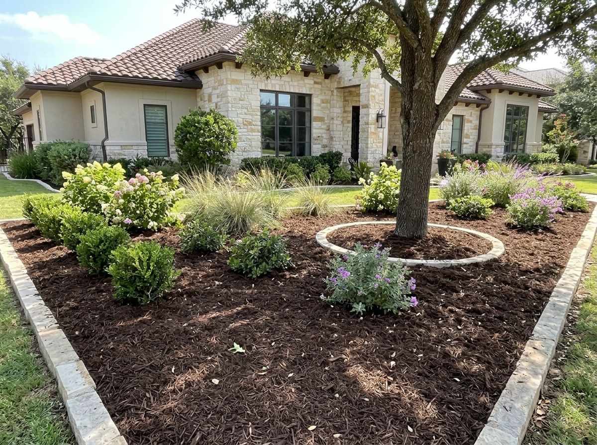 Shredded Pine Mulch ground cover spread in a thick brown layer around plants in a landscaped bed.