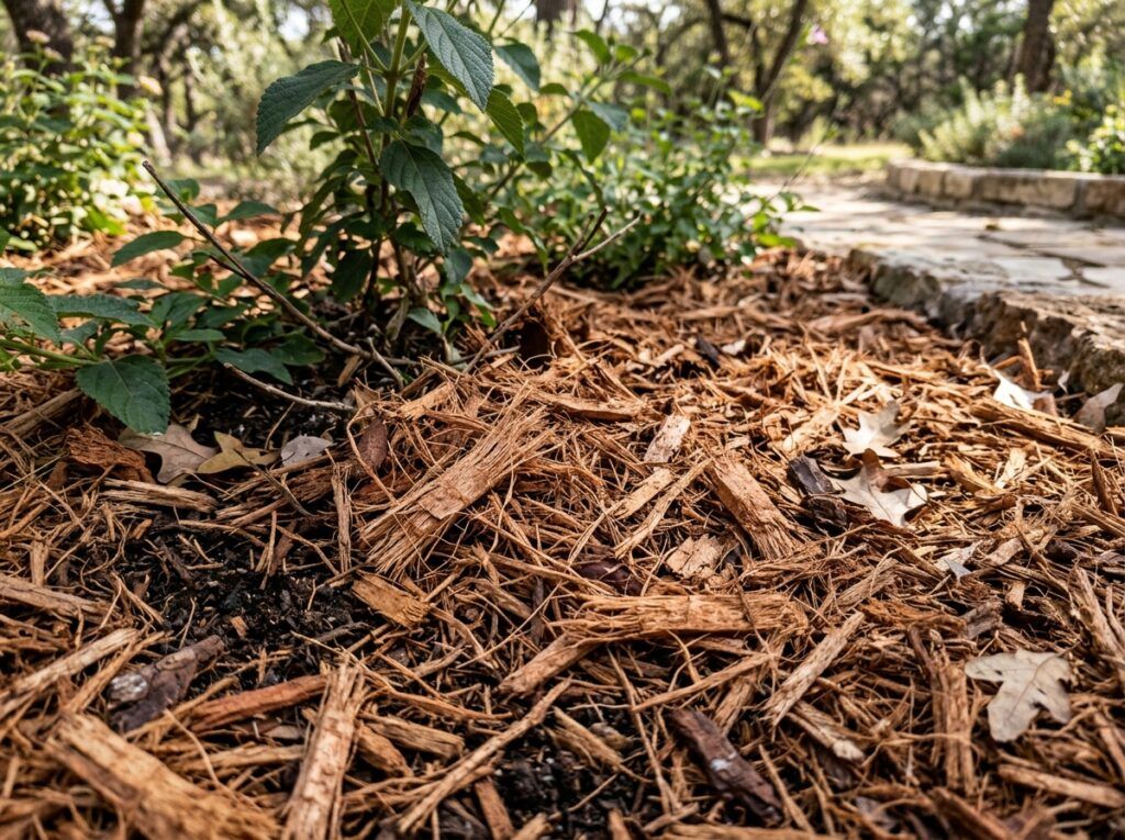 Shredded Pine Mulch ground cover in rich brown shredded pieces spread evenly over a landscape bed.