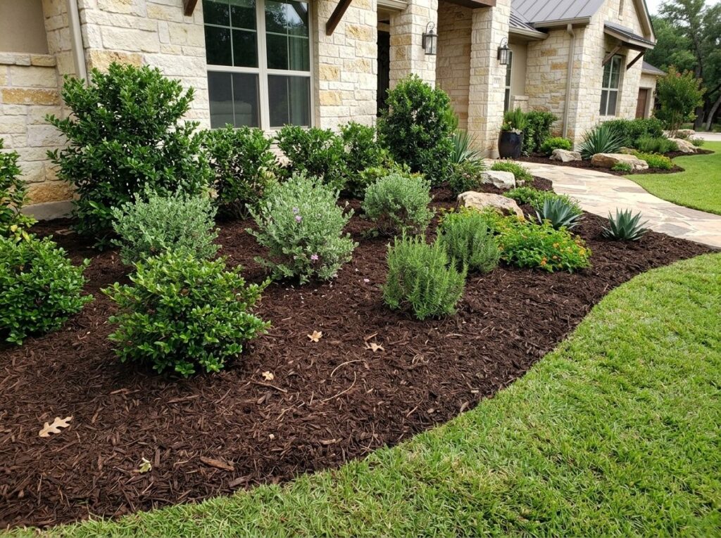 Shredded Pine Mulch ground cover in rich brown-red shredded pieces spread in a landscaping bed.