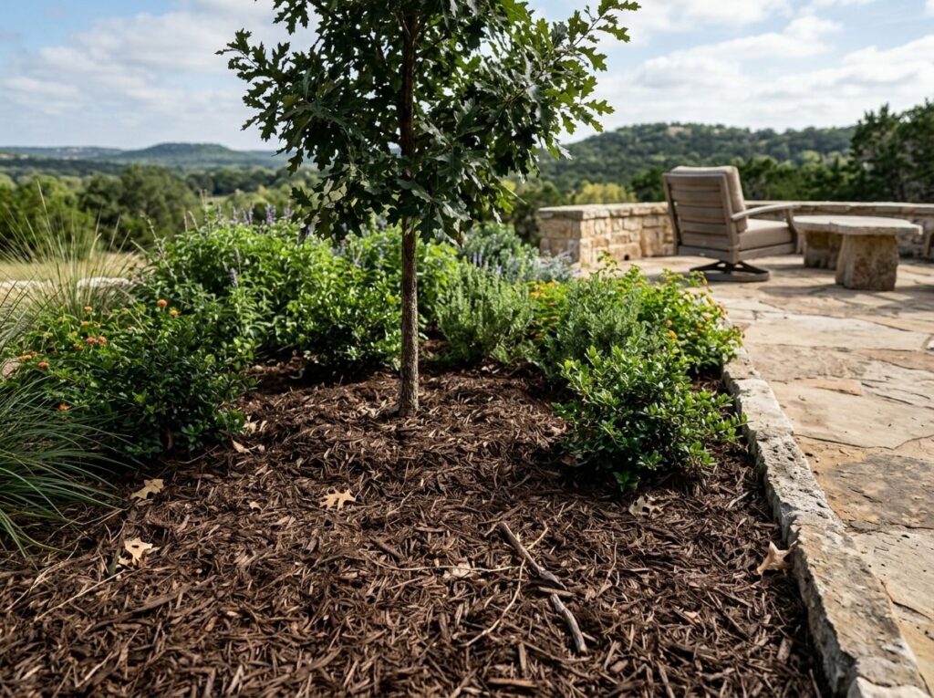 Shredded Pine Mulch ground cover spread in a thick reddish-brown layer with fibrous texture.