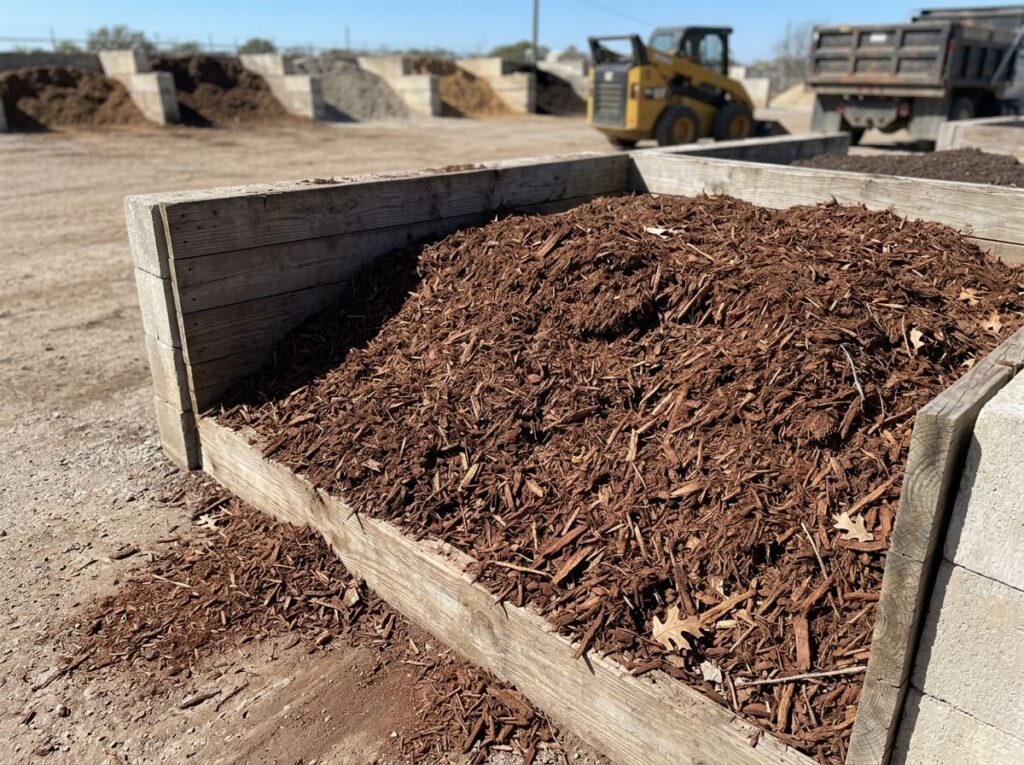 Shredded Pine Mulch ground cover in rich brown shredded texture spread in a neat layer for landscaping.