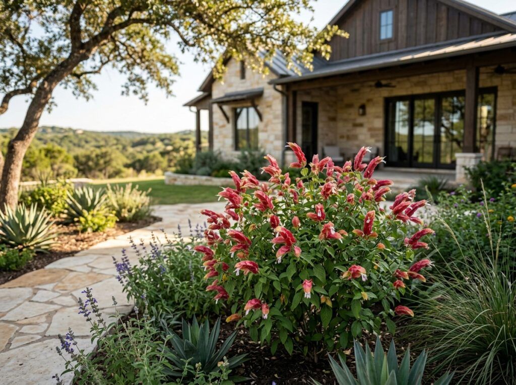 Shrimp Plant with pink, shrimp-like flower bracts and dense green foliage growing in a garden bed.