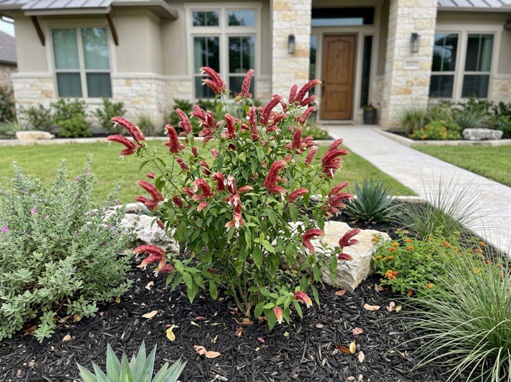 Shrimp Plant shrub with lush green foliage and pink shrimp-like flower bracts in bloom outdoors