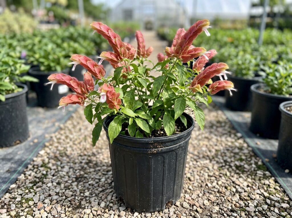 Shrimp Plant shrub with red shrimp-like bracts and green foliage in bloom.