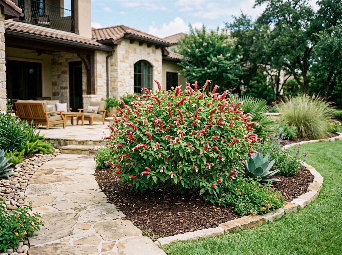 Shrimp Plant shrub with red-orange bracts and green leaves in full bloom.