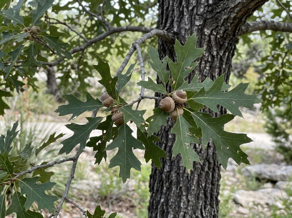 Shumard Red Oak tree with a full green canopy in a large black nursery container on gravel ground.