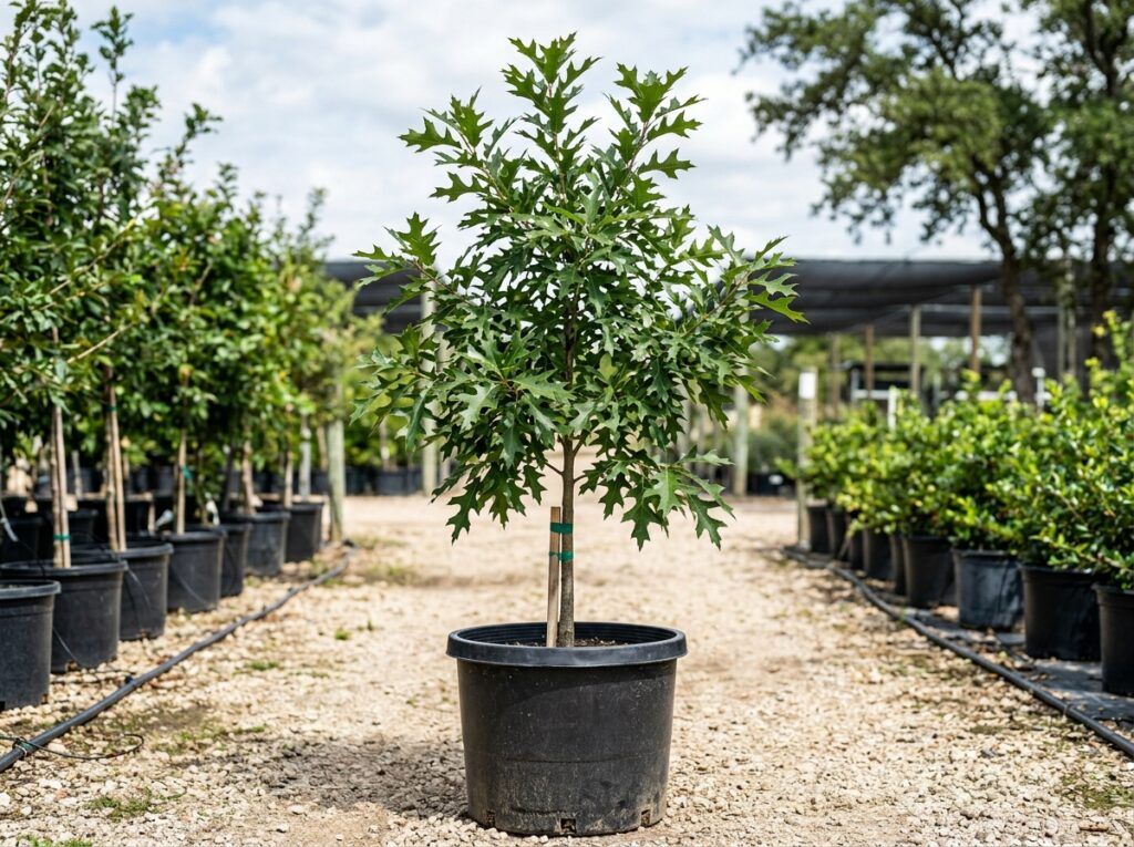 Shumard Red Oak tree in black nursery pot with slender trunk and green leaves.