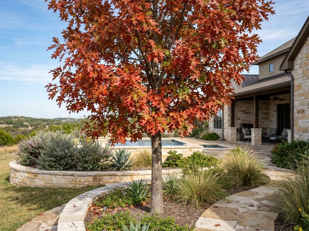 Shumard Red Oak tree with a dense green canopy and straight trunk, shown as a young specimen on a white background.