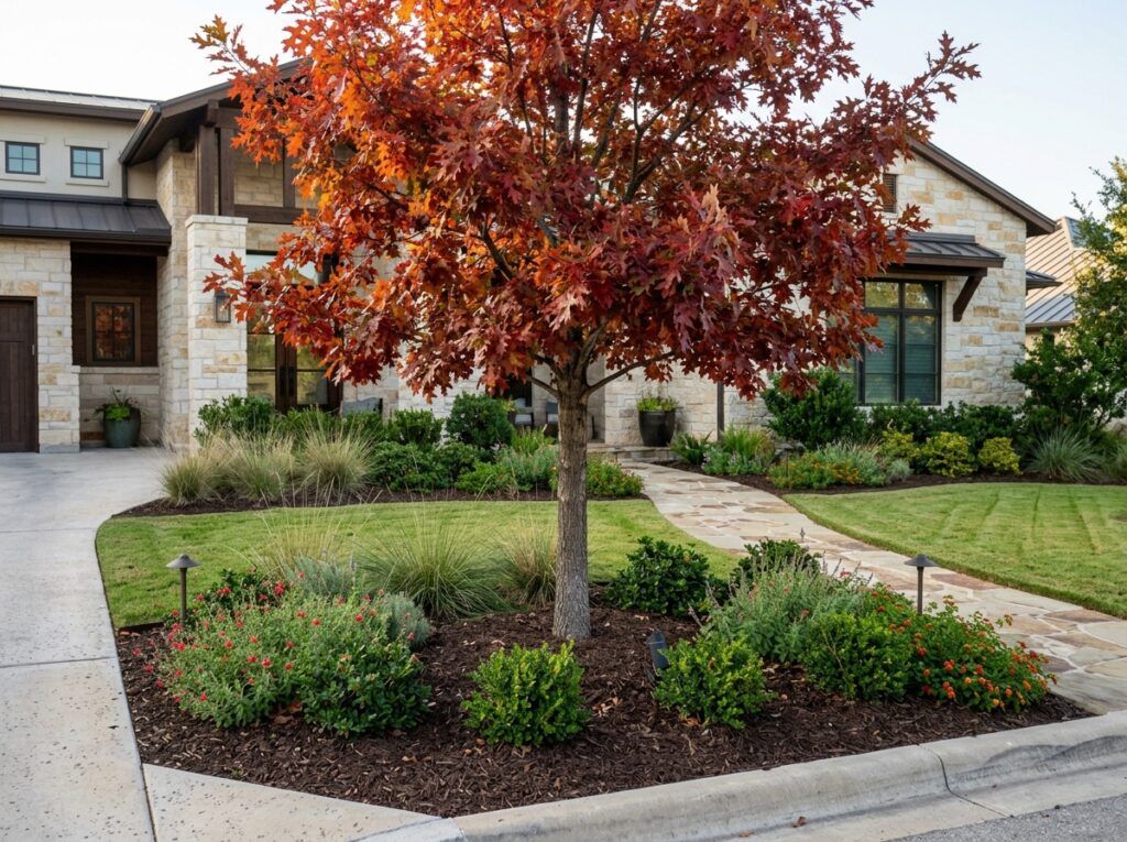 Shumard Red Oak tree with full green canopy and straight trunk, shown as a young landscape specimen.