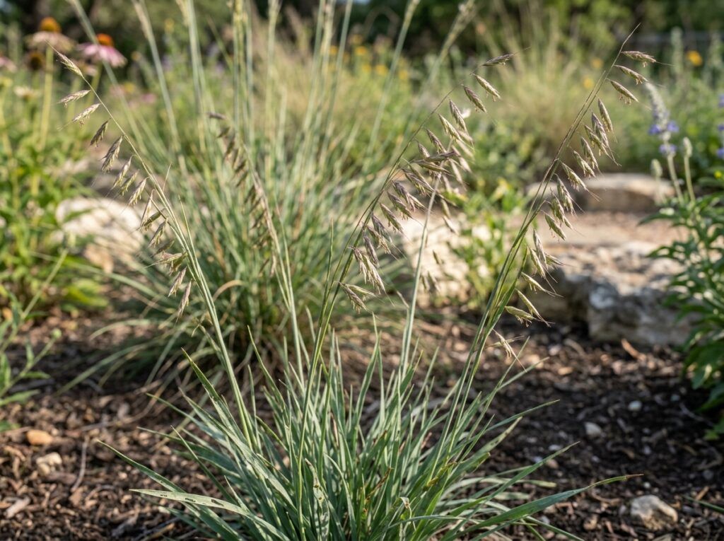 Sideoats Grama grass with arching green blades and oat-like seed spikes in a nursery pot.