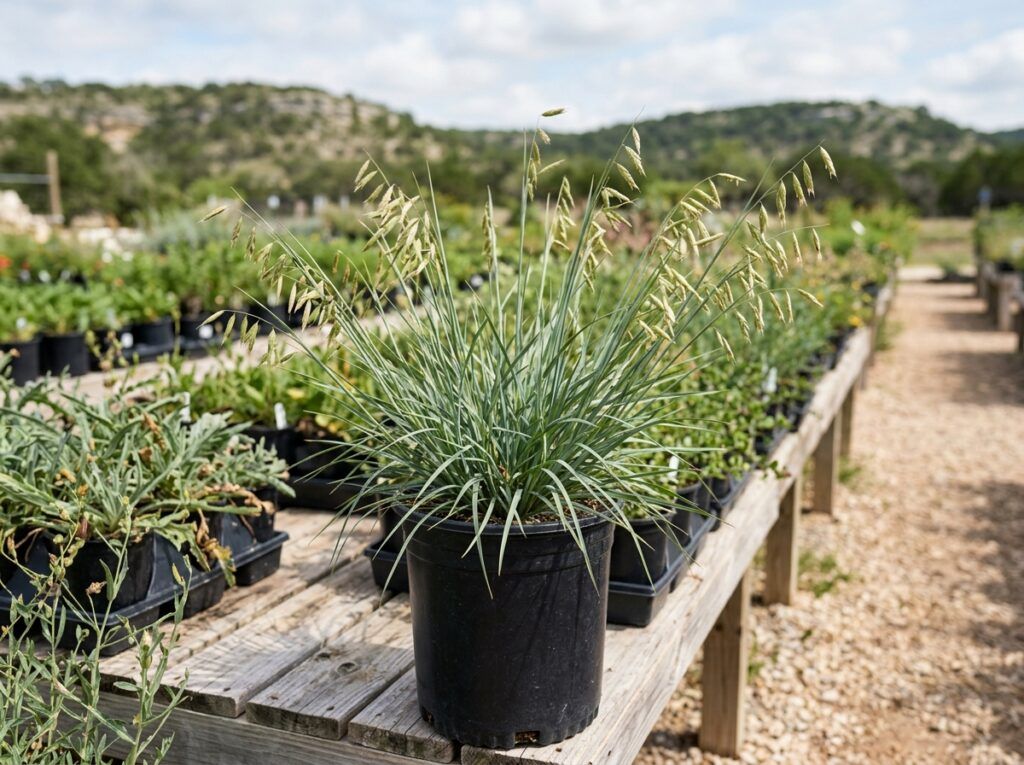 Sideoats Grama perennial grass in a black nursery pot with upright green blades and dangling oatlike seed spikes.