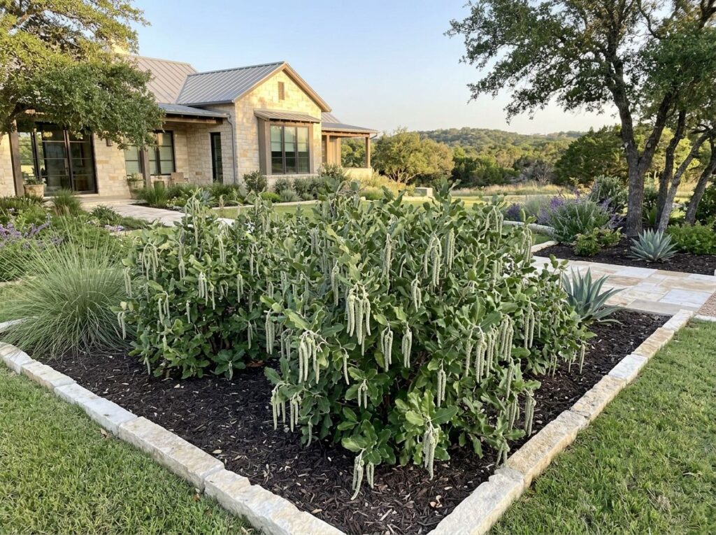 Silktassel shrub with arching evergreen leaves and hanging green catkins in a landscape bed.