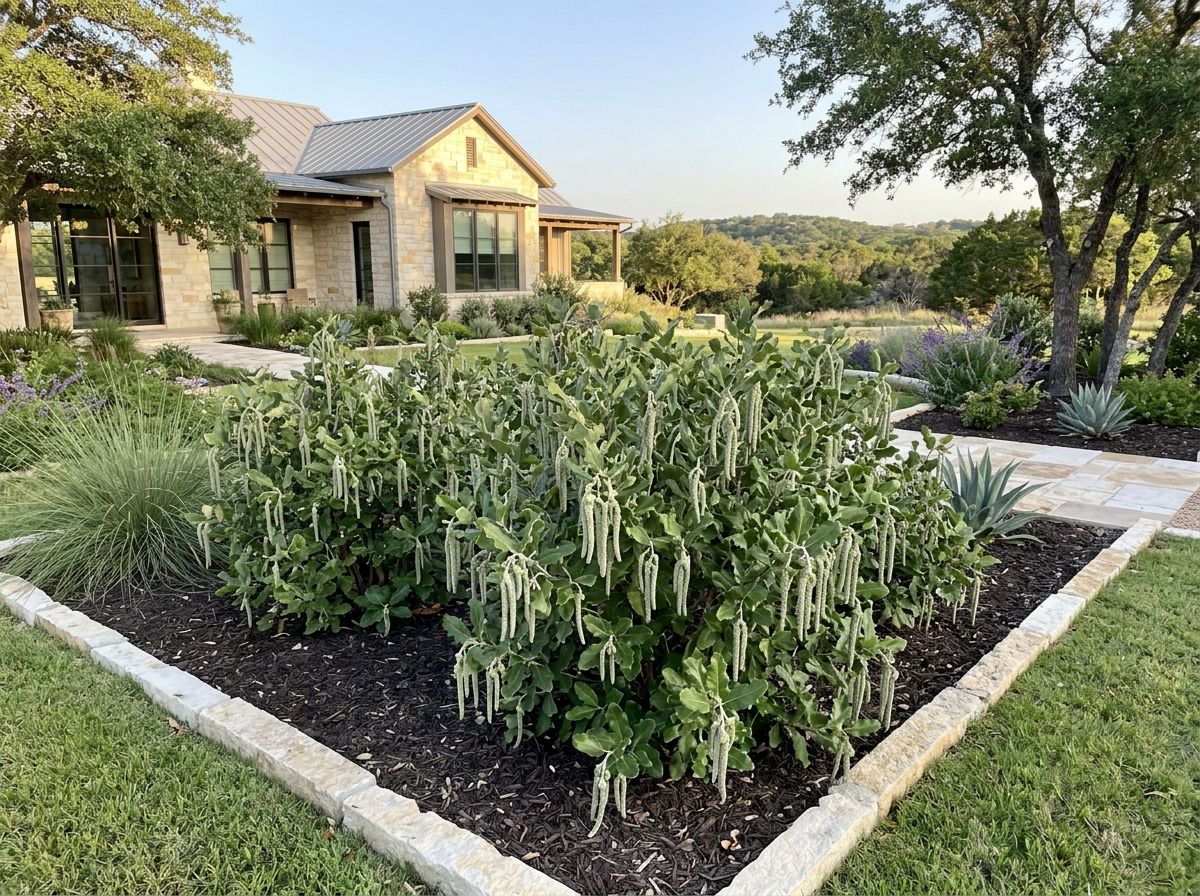Silktassel shrub with arching evergreen leaves and hanging green catkins in a landscape bed.