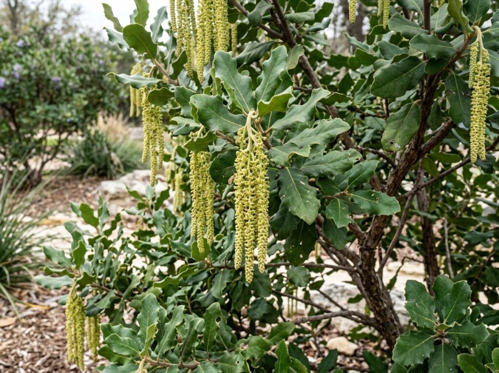 Silktassel shrub in a nursery container with glossy green leaves and long, hanging catkins.