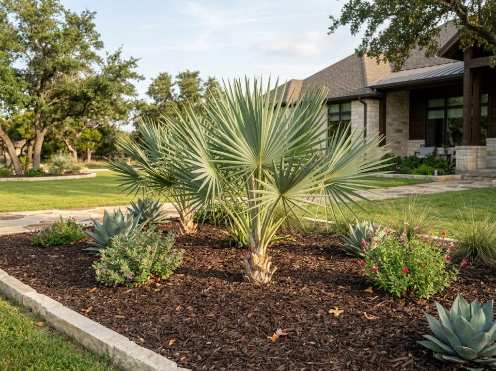 Silver Saw Palmetto palm in a black nursery pot with fan-shaped silvery fronds.
