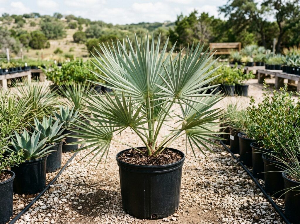 Silver Saw Palmetto palm in a black nursery pot with fan-shaped silvery fronds spreading outward.