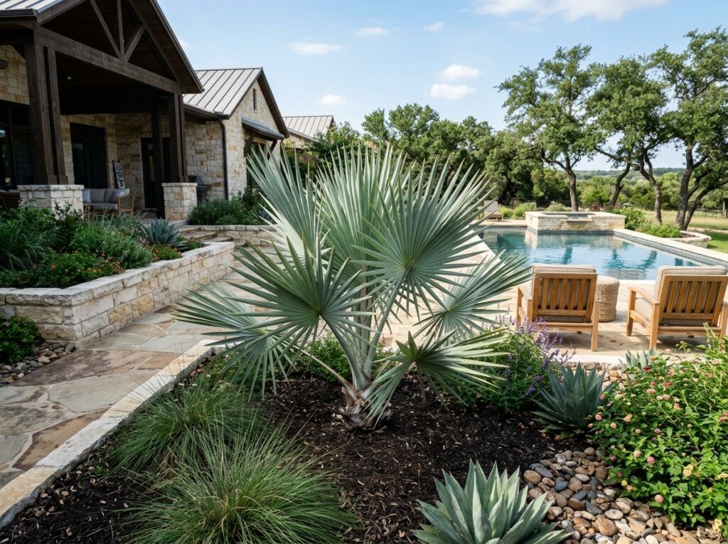 Silver Saw Palmetto palm in nursery container with silvery fan-shaped fronds.