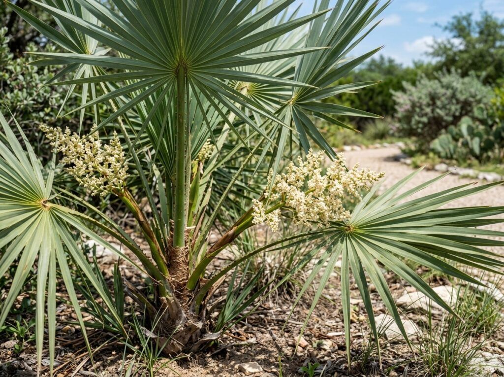 Silver Saw Palmetto palm in a nursery pot with fan-shaped silver-green fronds.
