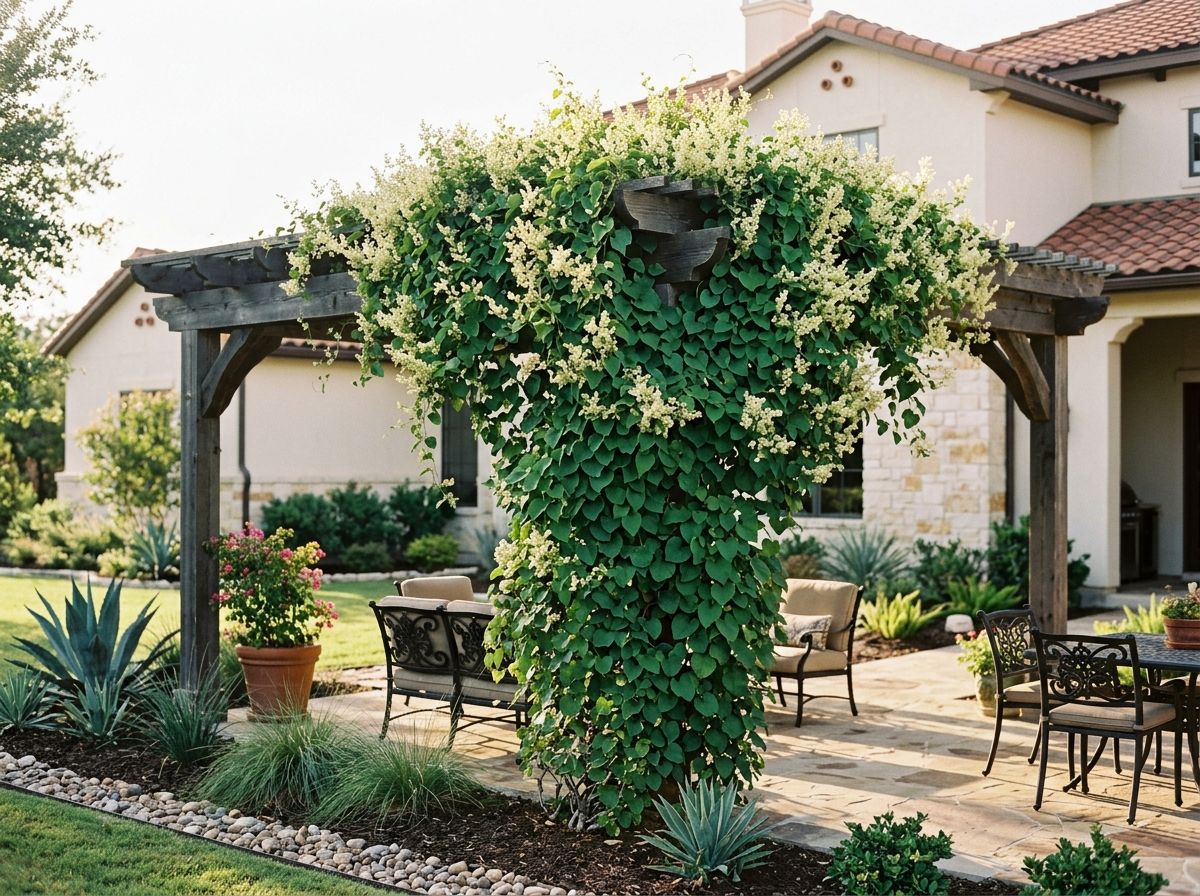 Silverlace Vine climbing vine with dense green leaves and airy white flower clusters on a trellis.